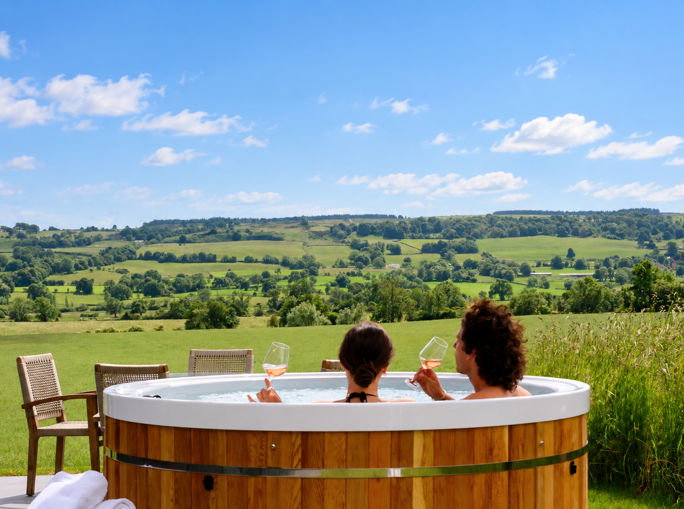Private hot tub at Greenbank Lodges in Yorkshire with countryside views.
