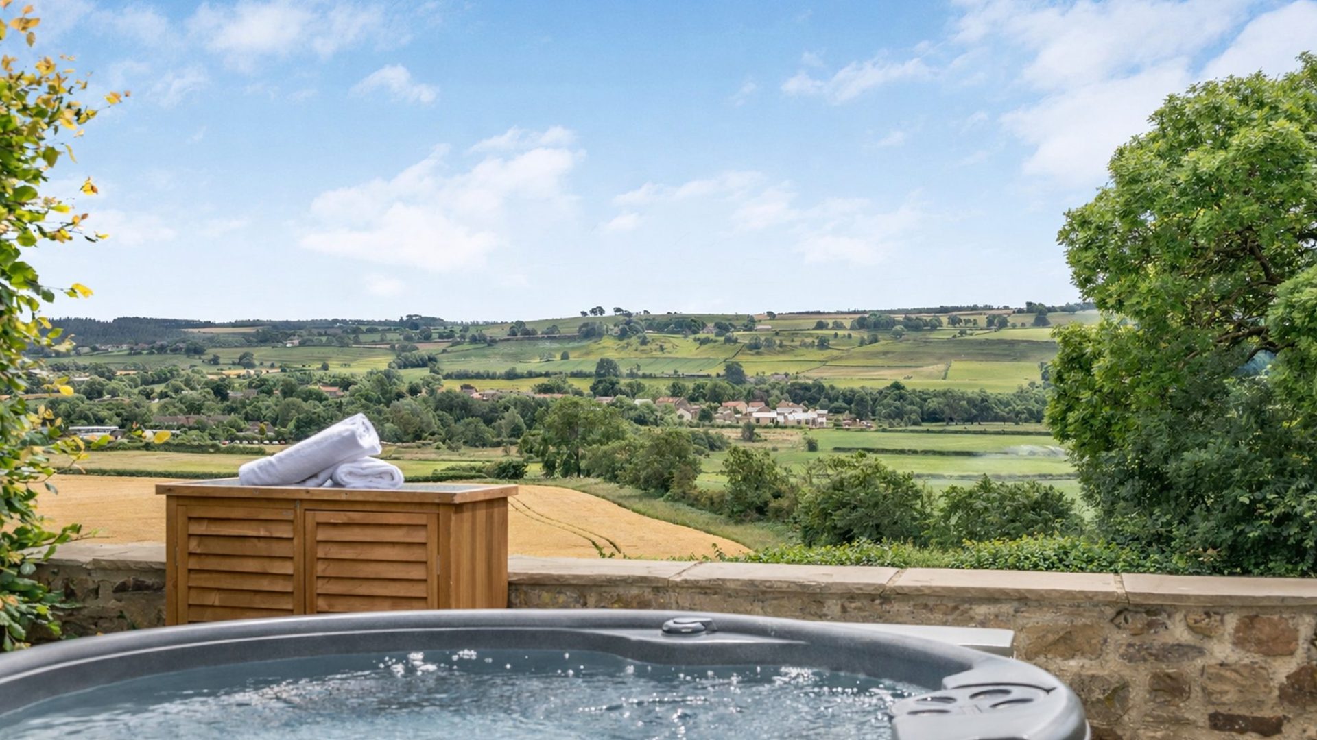 Hot tub with views of the North Yorkshire countryside.