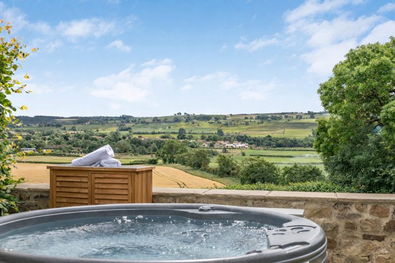 Hot tub with views of the North Yorkshire countryside.
