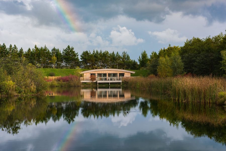 Exterior of Iris lodge overlooking the lake at Brompton Lakes in Richmond, North Yorkshire.