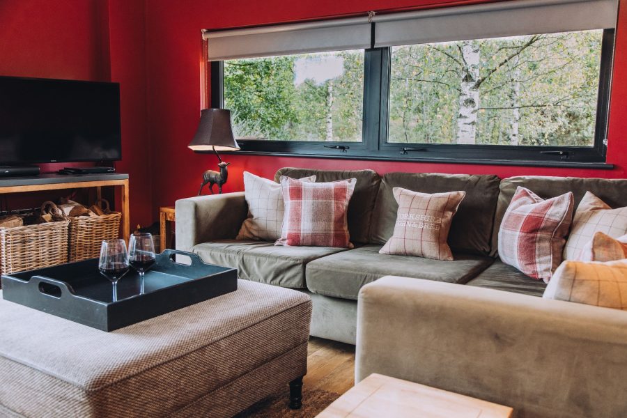 Living area at Isabella with a sofa, coffee table with drinks, TV, and large window overlooking the trees.