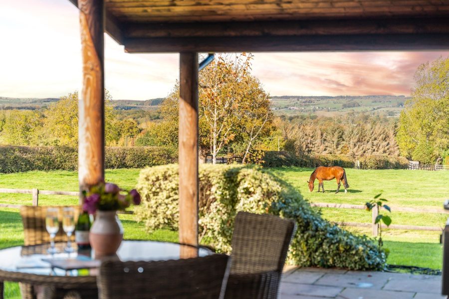 Covered outdoor dining terrace at Alborada cabin with barbecue and scenic rural views.