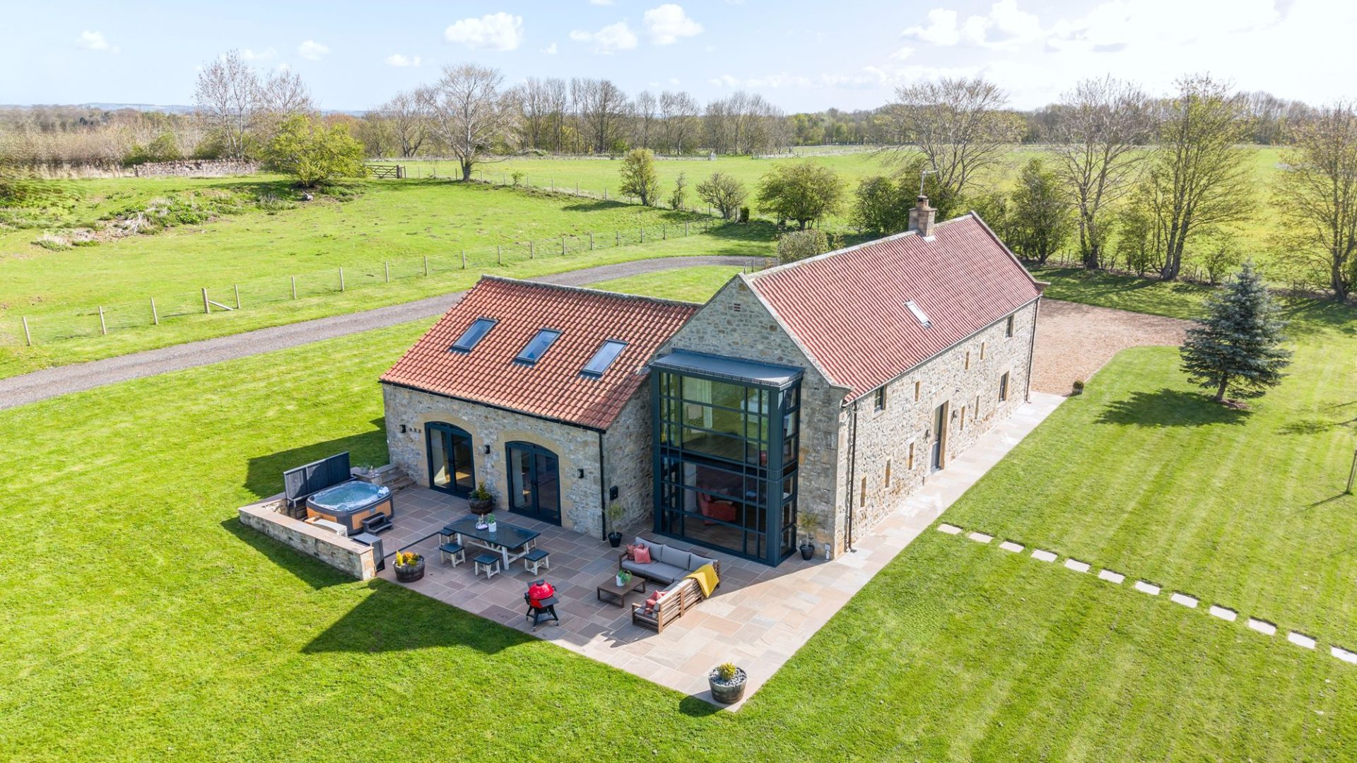 Aerial view of Dragonfly, a large luxury holiday home in North Yorkshire.