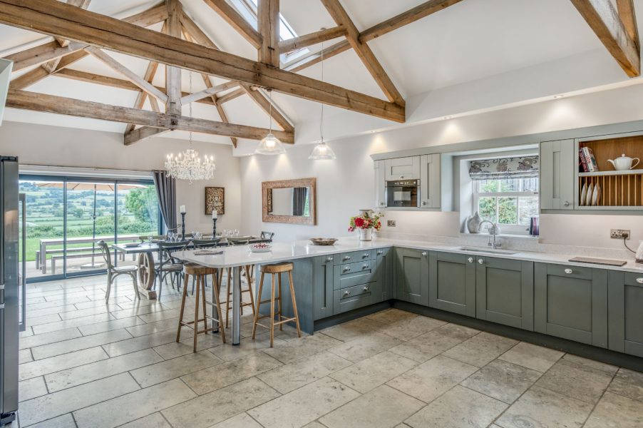 Shorthorn spacious country kitchen with island seating, exposed beams and open-plan dining area