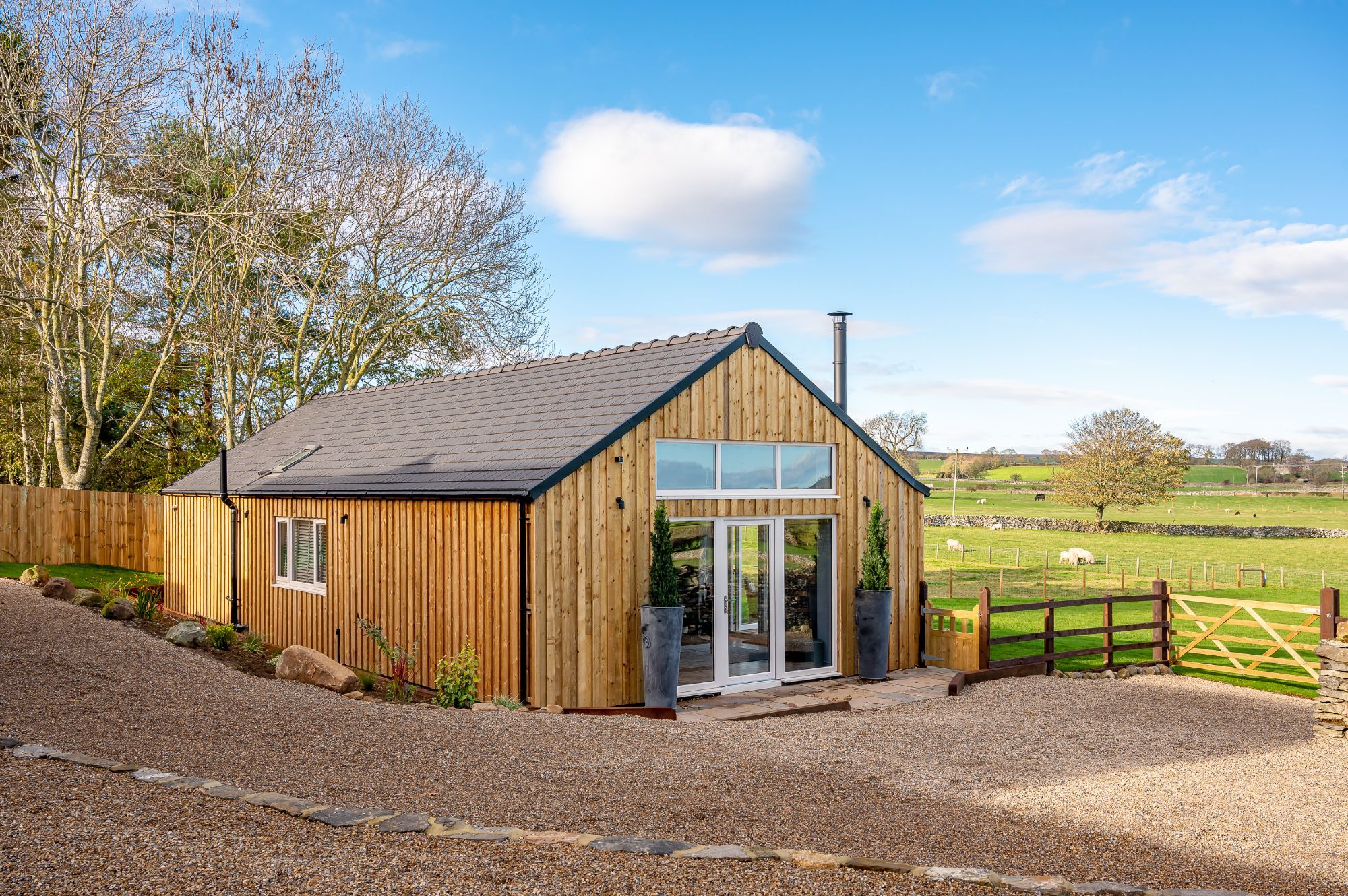 Bearskin exterior view with timber cladding, glass doors, and a gravel driveway leading to the entrance.