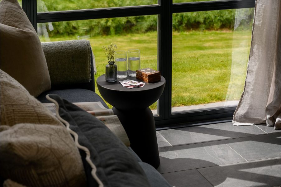 Relaxing lounge area inside a luxury North Yorkshire holiday lodge with uninterrupted countryside views.