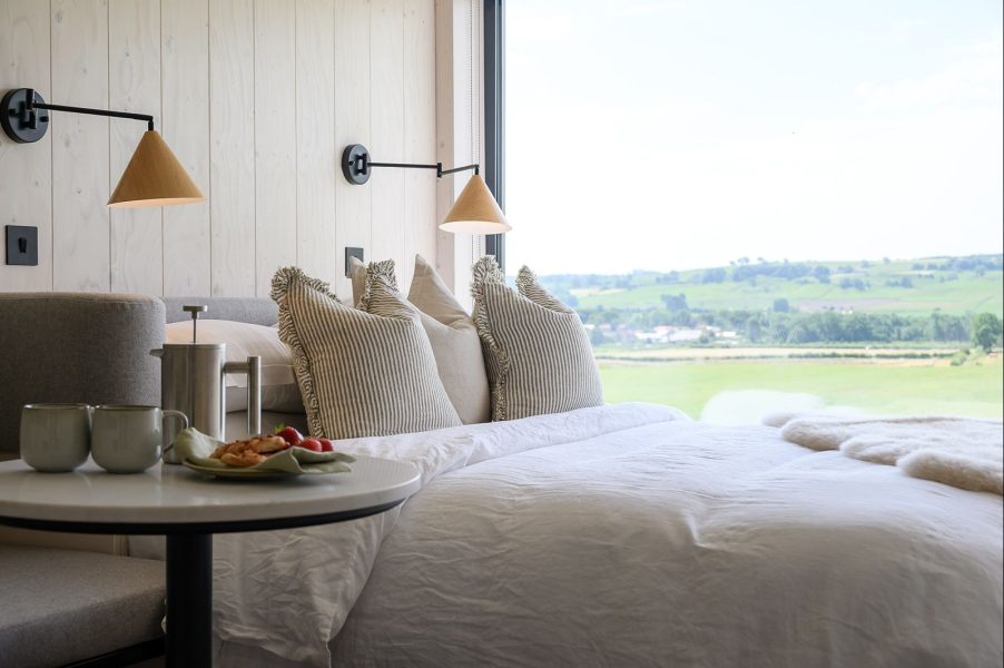 Romantic lodge getaway in North Yorkshire with hot tub and panoramic views.