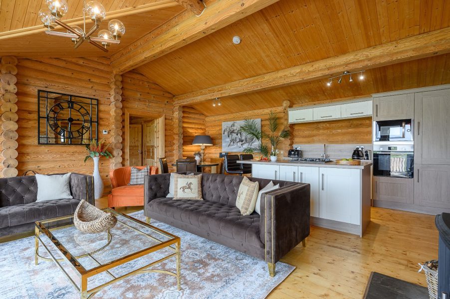Open-plan living area with kitchen and wooden interior at Ninetta lodge.